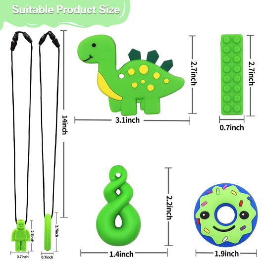 Chew Necklace for Kids, 6 Piece Sensory Chewing Necklace, Silicone Teether for Baby, Autism Toy for Boys and Girls, Perfect for Children with ADHD, Teething, Biting, Nail Biting (Green)