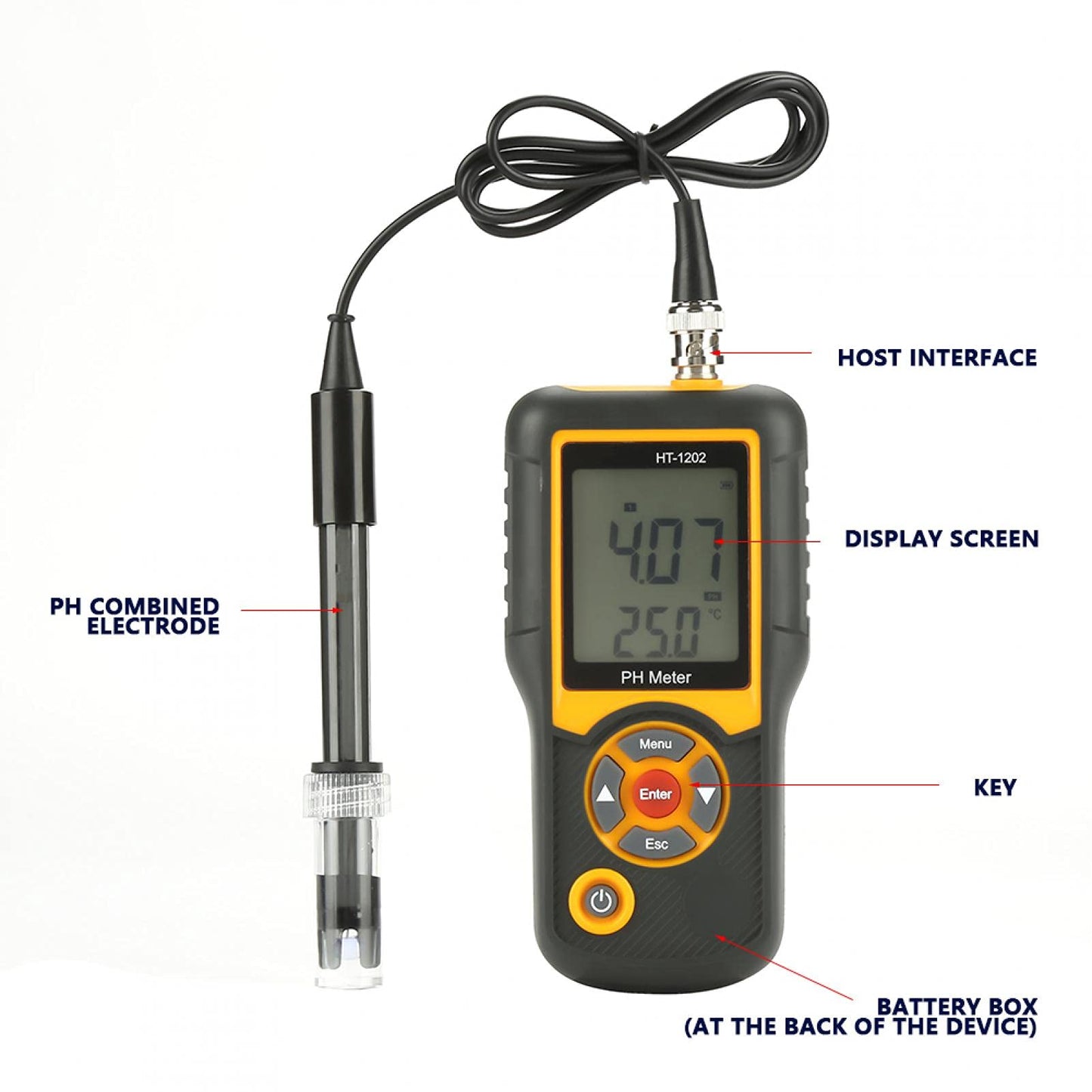 Digital PH meter HT-1202 0.05 pH High-precision water quality tester, PH mV tester temperature meter 0~14 PH with black housing for water sources, schools, laboratories, pharmacies.