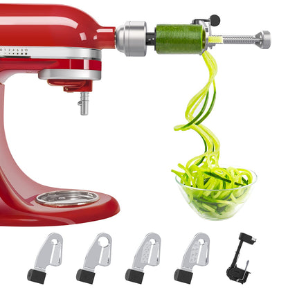 Compatible with KitchenAid stand mixers, this spiralizer attachment comes with 5 blades, peeler, and slicing disk. It's a vegetable slicer, not the brand's spiralizer.