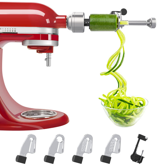 Compatible with KitchenAid stand mixers, this spiralizer attachment comes with 5 blades, peeler, and slicing disk. It's a vegetable slicer, not the brand's spiralizer.