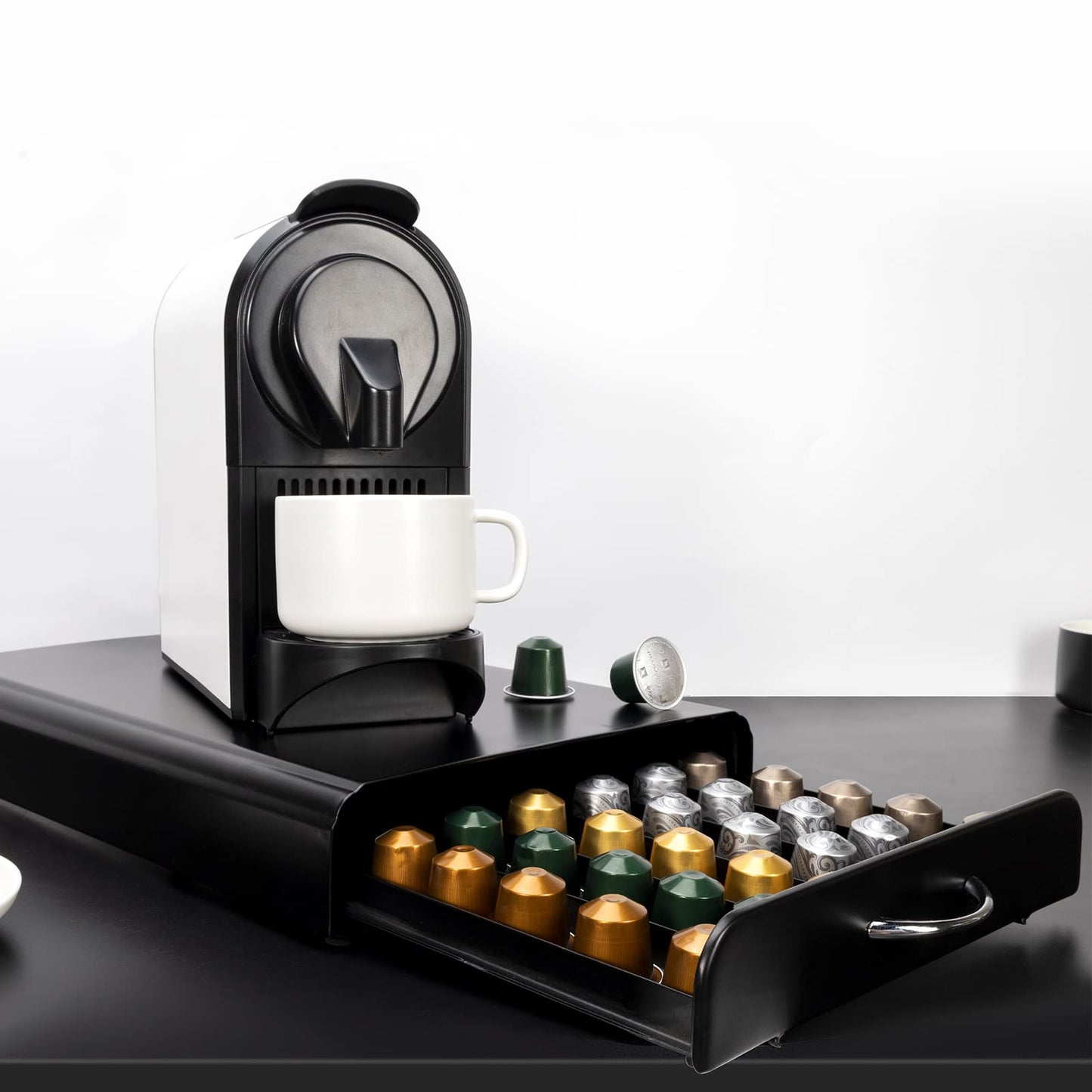 SYSYLY Capsule Holder, Drawer for Nespresso Capsule Storage, Organizer for 60 Capsules, Metal, Black.