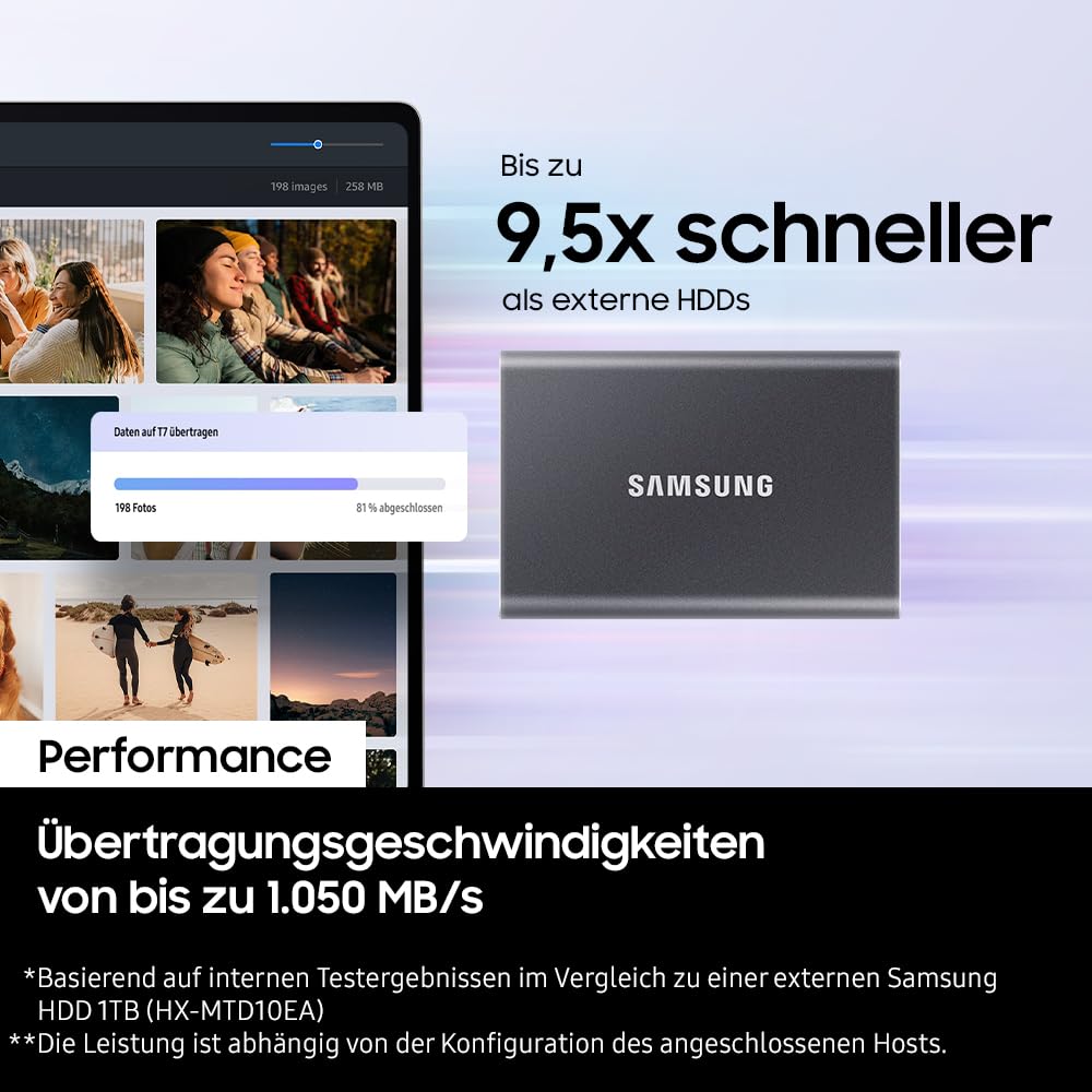 Samsung Portable SSD T7, 2TB SSD, USB 3.2 Gen.2, 1,050 MB/s Read, 1,000 MB/s Write, External SSD Drive for iPhone 15 and newer, Mac, PC, smartphone, and gaming console, Gray, MU-PC2T0T/WW