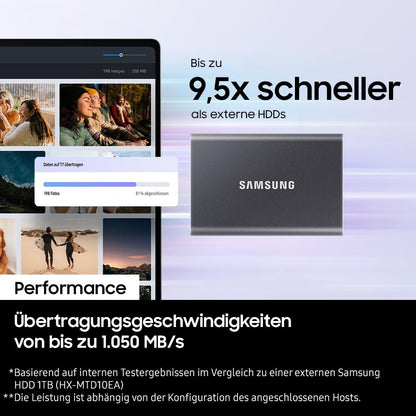 Samsung Portable SSD T7, 2TB SSD, USB 3.2 Gen.2, 1,050 MB/s Read, 1,000 MB/s Write, External SSD Drive for iPhone 15 and newer, Mac, PC, smartphone, and gaming console, Gray, MU-PC2T0T/WW