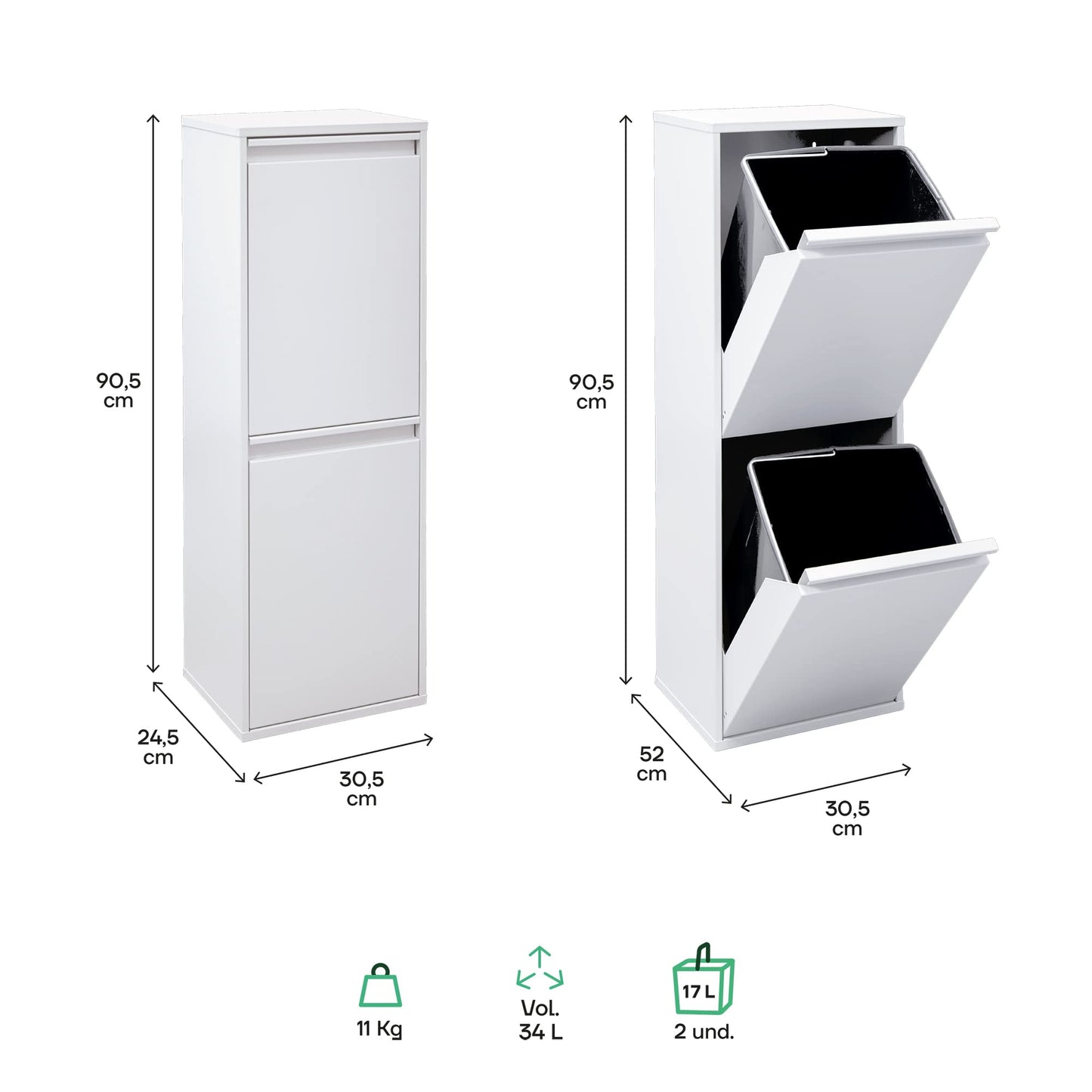 ARREGUI Basic CR201-B steel waste separation system | 2 compartments trash can for the kitchen | 2 compartment garbage bin | 2x17 L (34L) | Removable inner bins with handle | Recycling cabinet for waste separation | white