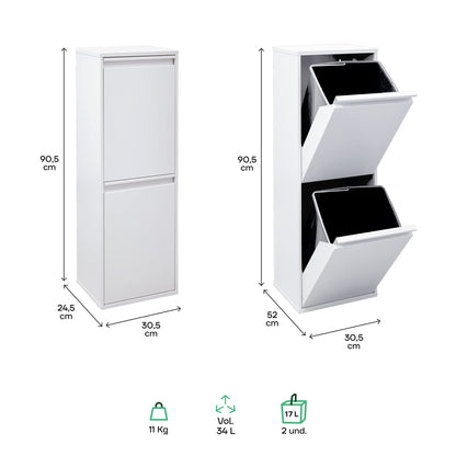 ARREGUI Basic CR201-B steel waste separation system | 2 compartments trash can for the kitchen | 2 compartment garbage bin | 2x17 L (34L) | Removable inner bins with handle | Recycling cabinet for waste separation | white