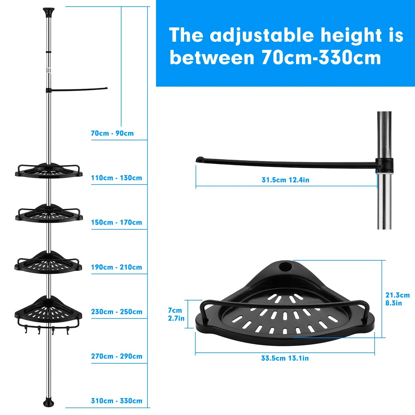 ZHUGE Telescope Shower Shelf, adjustable corner shelf for the shower with 4 shelves, 4 hooks, 1 towel bar for bathroom storage, rustproof, 70-330 cm from floor to ceiling, Black