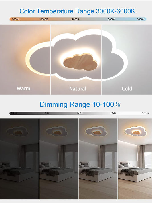 FANLG LED ceiling light Clouds, 26W 50CM Kids light ceiling light dimmable with remote control 3000-6000K, creative cloud light wooden ceiling light for children's room | Bedroom | Living room