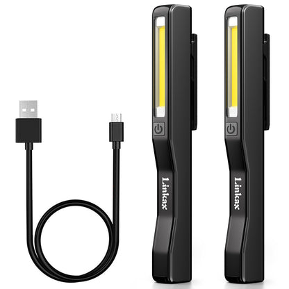 Linkax LED work light workshop lamp 2 pieces, rechargeable LED flashlight, COB hand lamp with magnetic clip for car repair emergency garage tools workshop accessories, dad kids men gift