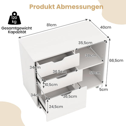 GOPLUS Roll container, mobile filing cabinet with 5 wheels, 3 drawers and 2 open compartments, office cabinet printer stand for documents in A4, letter & legal format (white)
