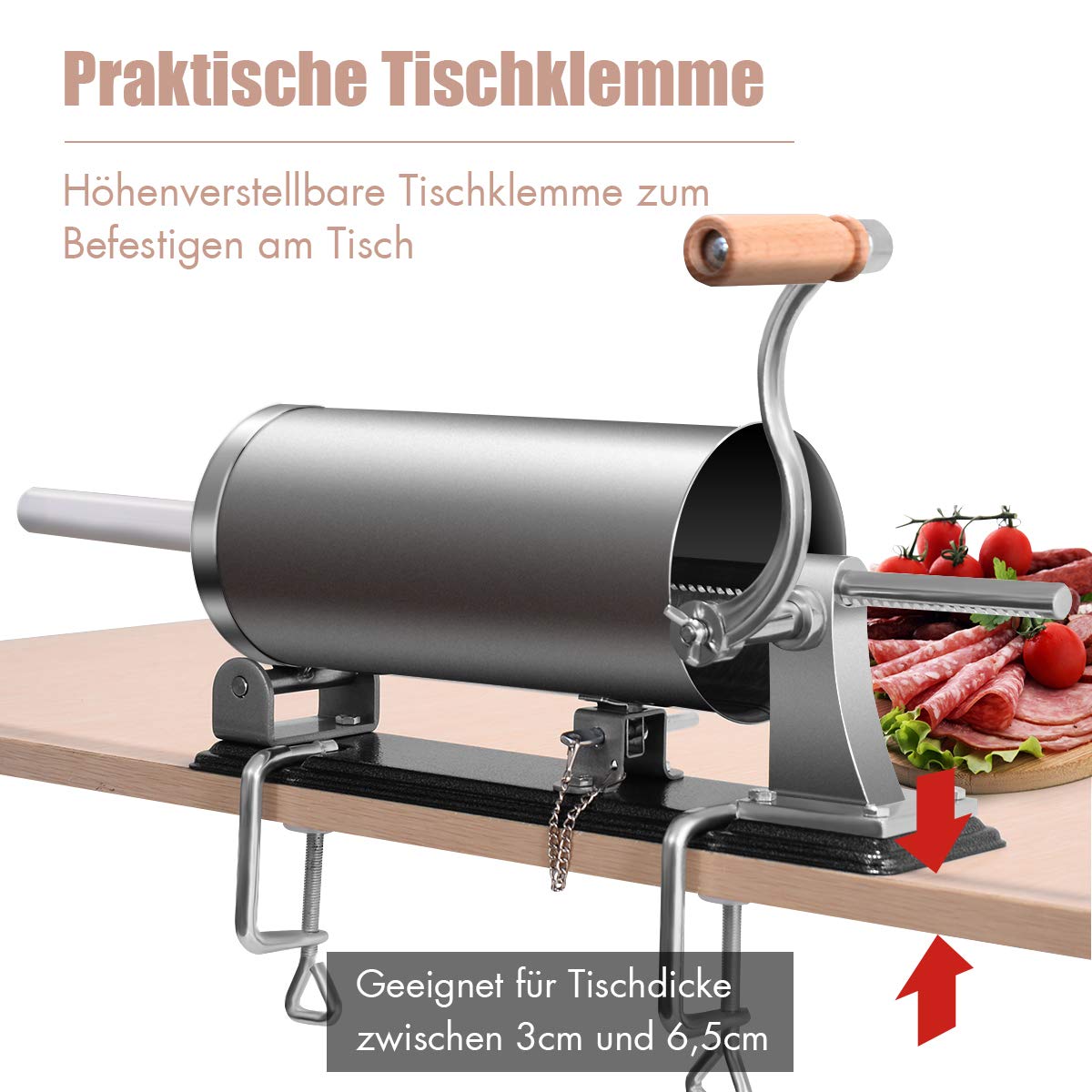 COSTWAY 2.5kg/3kg/4kg Manual Sausage Stuffer, Stainless Steel Sausage Maker, Includes 4 Filling Tubes, Sausage Press with Table Clamp, Silver Sausage Injector (3KG)