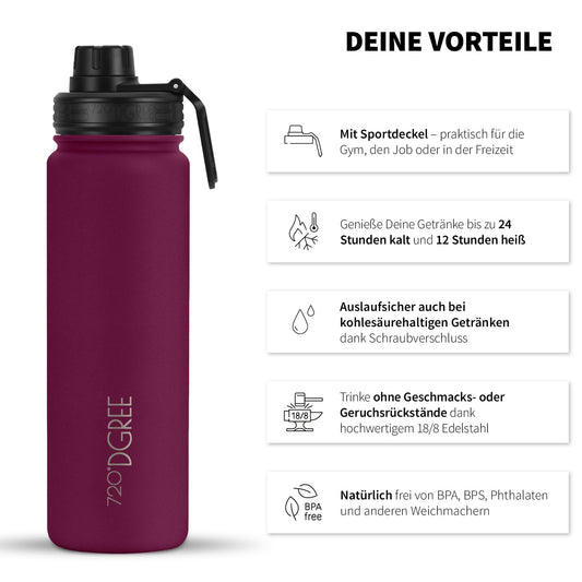 720°DGREE stainless steel thermo flask 710ml "noLimit" with fruit container - leak-proof, suitable for carbonation, BPA-free - insulated bottle with screw cap for sports, cycling, fitness + sports lid.