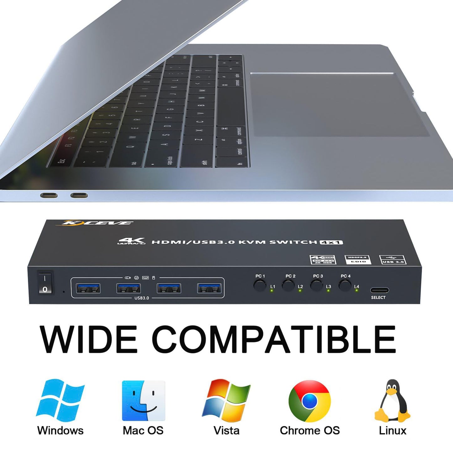 YOUTINGHDAV USB 3.0 KVM Switch HDMI 4 Port, 4K@60Hz simulating EDID KVM Switch 4 PC 1 Monitors, HDMI 2.0 KVM Switches sharing 4 USB 3.0 devices mouse keyboard printer, with wired remote and 5 cables.