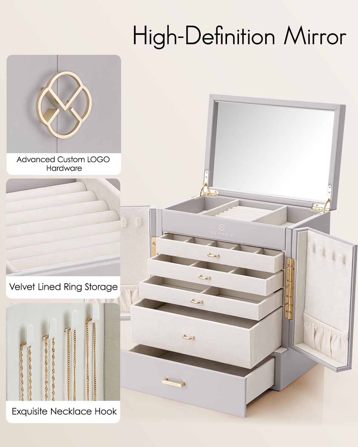 Vlando Jewelry Box Large, French Jewelry Case 6 Levels, Jewelry Organizers Large XXL with Mirror, Drawers, Jewelry Storage for Women, Jewelry Box for Earrings, Necklaces, Watches