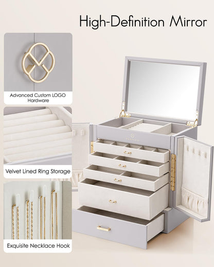 Vlando Jewelry Box Large, French Jewelry Case 6 Levels, Jewelry Organizers Large XXL with Mirror, Drawers, Jewelry Storage for Women, Jewelry Box for Earrings, Necklaces, Watches