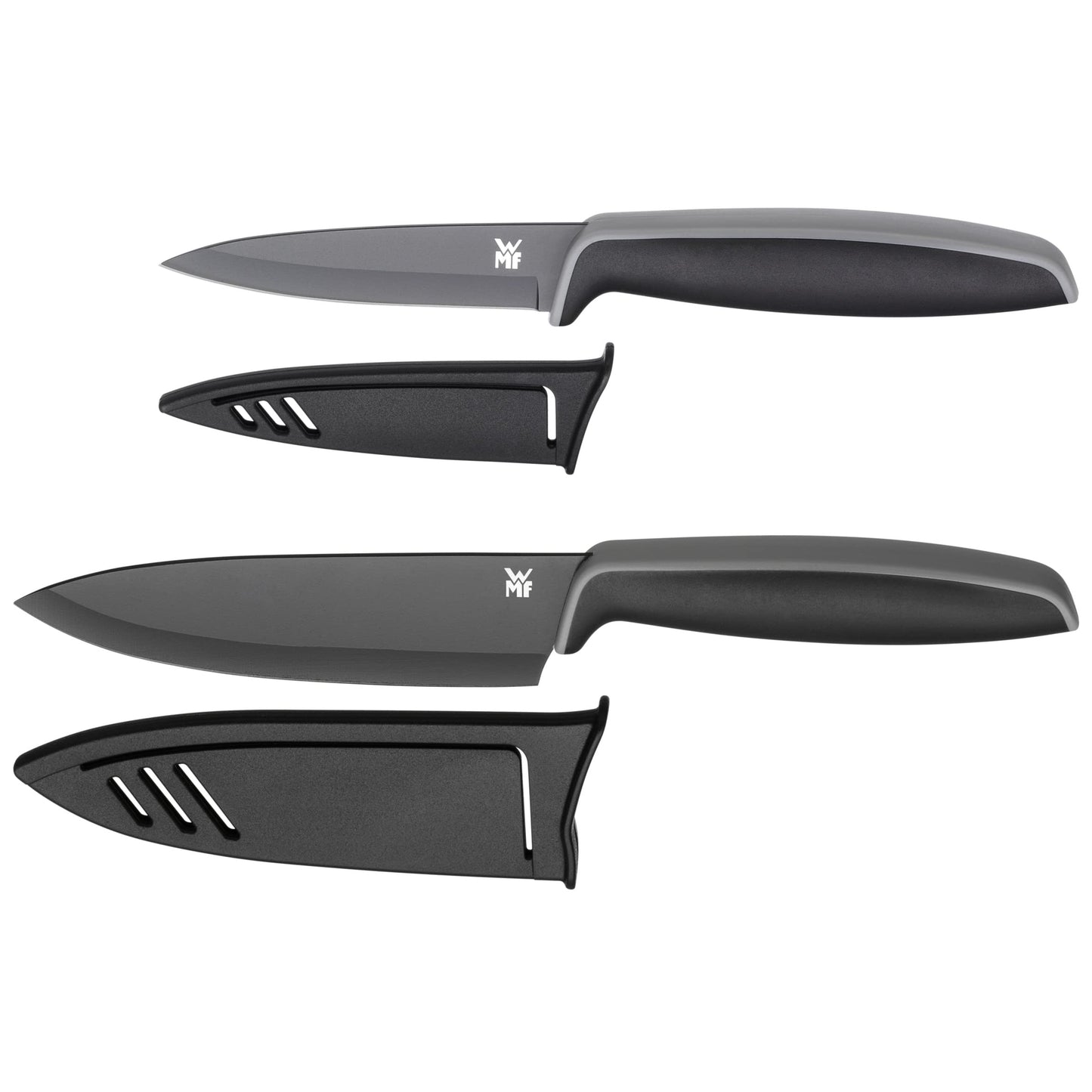 WMF 12-piece steak cutlery set for 6 people & 2-piece Touch knife set, kitchen knives with protective cover, special non-stick coated blade steel, sharp, chef's knife, vegetable knife, black
