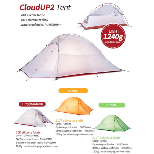 Naturehike Cloud-up 2 Ultralight Camping Tent for 2 People - Waterproof Double Layer Backpacking Tent 4 Seasons (Orange)