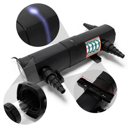 SunSun Complete Set: CBF-350 Pond Filter up to 12000L Pond Filtration System, NEO3800 Pond Pump 3600l/h 20W, CUV-224 Pond Clarifier 24W, 5m Pond Hose 38 mm (1 1/2"), Hose Clamps 44-47mm