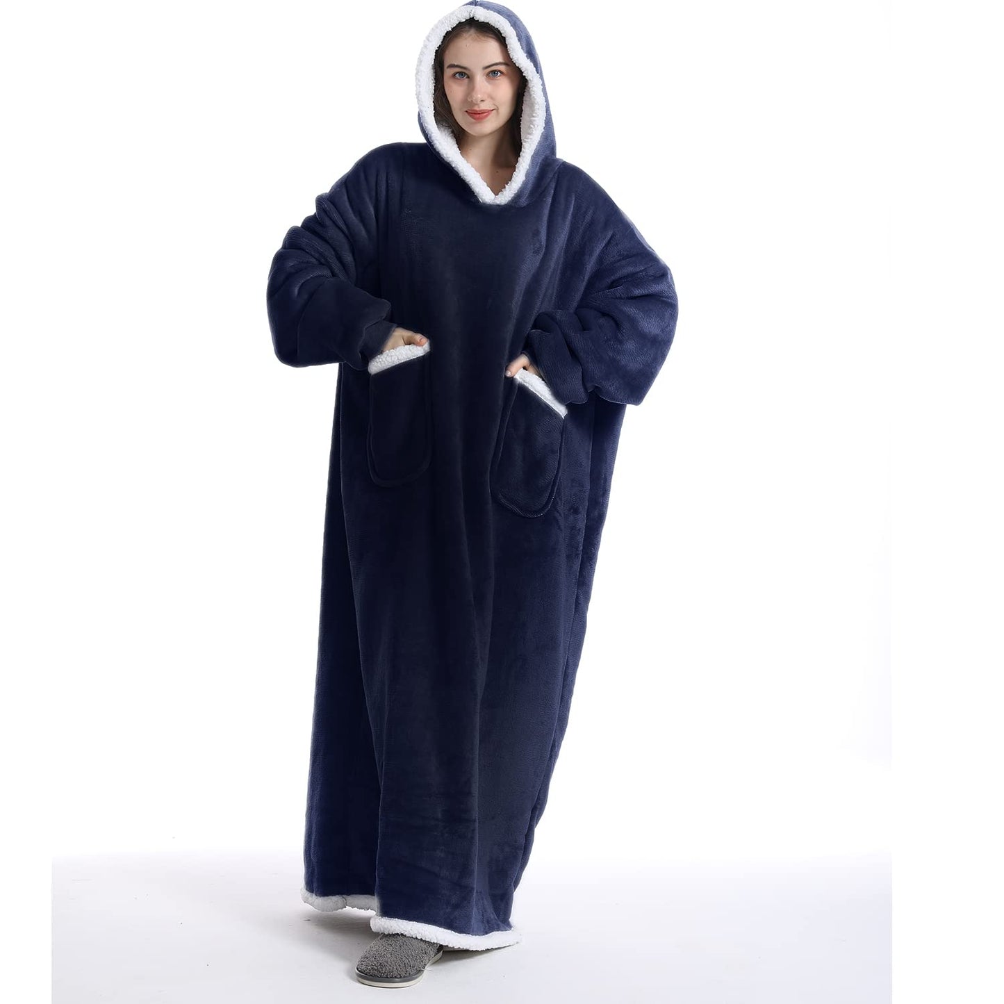 Sleeved blanket, oversized hoodie soft warm flannel wearable full body blanket, sherpa hooded sweatshirt for men/women, wearable full body blanket, blue