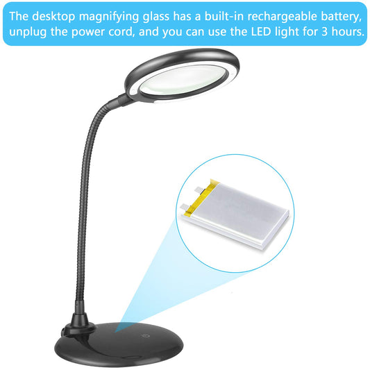 Raweao 5X magnifying glass with light and stand battery, rechargeable LED magnifying lamp, LED magnifying lamp with base, desk lamp with magnifying glass for reading, sewing, jewelers, model building (black)