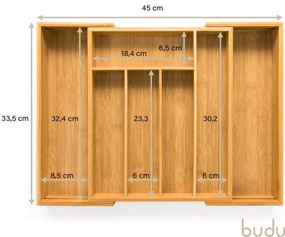 Budu cutlery tray #33.5 (depth 33.5cm) made of bamboo - Drawer organization system for the kitchen - Cutlery tray for drawers made of bamboo - Expandable - Kitchen drawer organizer - Kitchen organizer