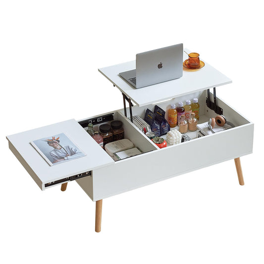 JanflyHome coffee table height adjustable with sliding plate, living room table adjustable in height, coffee tables with storage space, modern white coffee table with 2 large separate hidden storage compartments, White