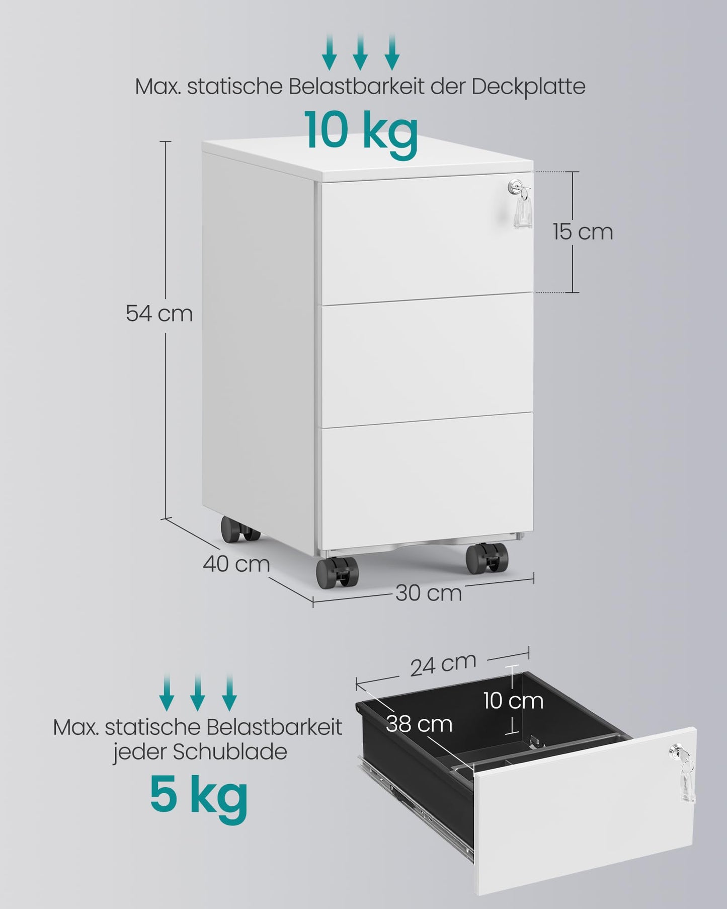 SONGMICS Drawer Cabinet, Rolling File Cabinet, Mobile Filing Cabinet, Metal Cabinet, Printer Stand, Lockable, 3 Drawers, Pre-Assembled, Office, Home Office, 40 x 30 x 54 cm, Matte White OFC079W01