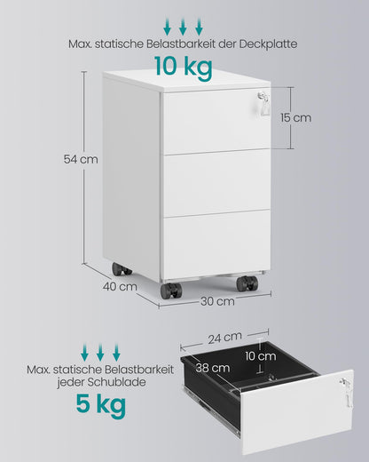 SONGMICS Drawer Cabinet, Rolling File Cabinet, Mobile Filing Cabinet, Metal Cabinet, Printer Stand, Lockable, 3 Drawers, Pre-Assembled, Office, Home Office, 40 x 30 x 54 cm, Matte White OFC079W01
