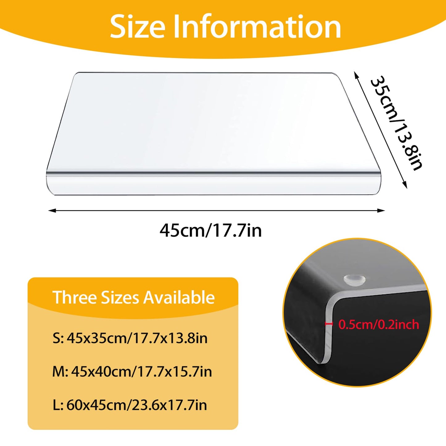 Acrylic cutting board, 5mm Acrylic cutting board with stop edge, 45cm x 35cm clear cutting board for kitchen counter, non-slip transparent acrylic cutting board with lip.