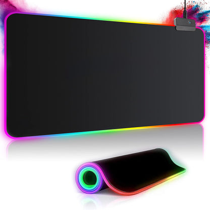 RGB gaming mouse pad 800x300mm XXL gaming mouse pad large with 14 lighting modes 7 LED colors waterproof anti-slip for computer PC professional gamers, black
