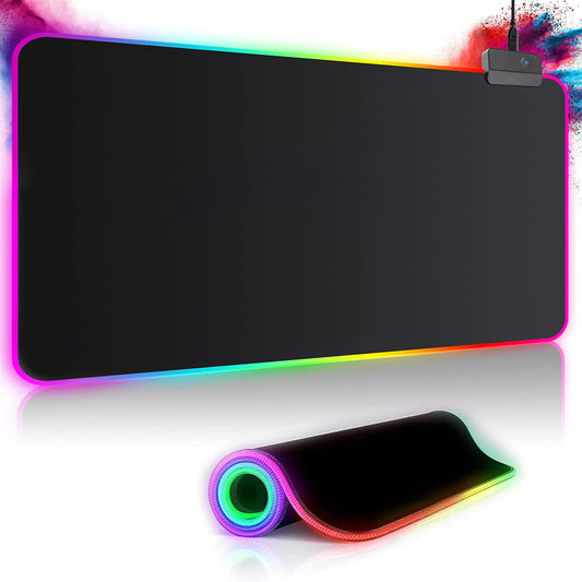 RGB gaming mouse pad 800x300mm XXL gaming mouse pad large with 14 lighting modes 7 LED colors waterproof anti-slip for computer PC professional gamers, black