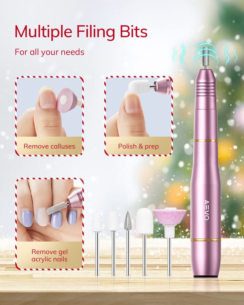 AEVO Portable Electric Nail Drill Set/ professional compact electric nail file for pedicure manicure/ grinder for acrylic gels callus, USB powered, 11 drill bits/ for home