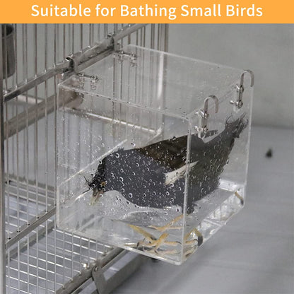 Aceshop Bird Bath Hanging Bird Bath Transparent Acrylic Bird Bath House Bath Box Bird Cage Accessory with Hooks for Small Birds Finch Budgie Canary Parrot-12.8 * 11.3 * 13 cm