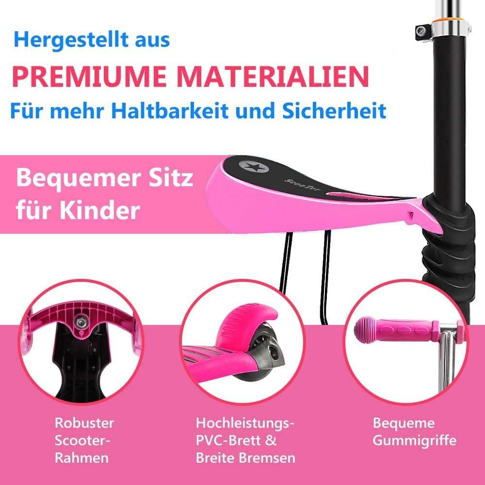 YOLEO 5-in-1 Kids Scooter with Removable Cartoon Basket Seat Push Handle LED Big Wheels Comfortable Backrest Height Adjustable Handlebar for Toddlers Boys Girls from 2 Years (Pink)