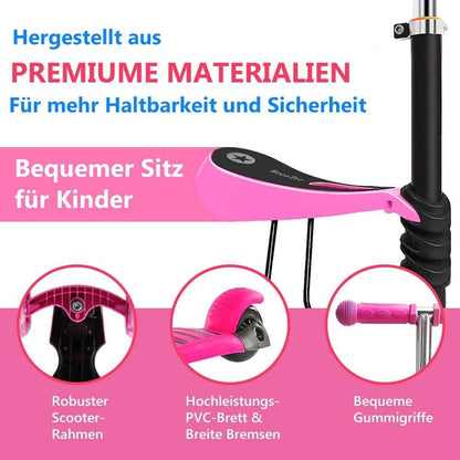 YOLEO 5-in-1 Kids Scooter with Removable Cartoon Basket Seat Push Handle LED Big Wheels Comfortable Backrest Height Adjustable Handlebar for Toddlers Boys Girls from 2 Years (Pink)
