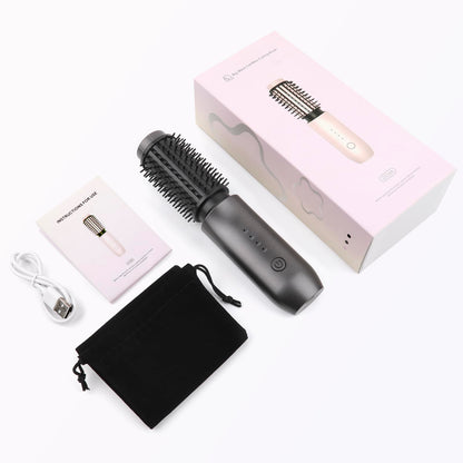 Wireless curling iron brush, 2024 NEW Portable travel curling iron mini brush for women, 7000 mAh USB rechargeable curling iron brush with negative ions, black.