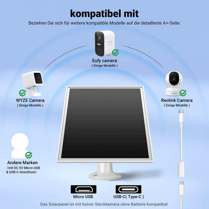 6W solar panel for outdoor installed surveillance cameras with Micro-USB and USB-C port, solar charger for battery cameras, compatible with Wyze/Reolink, fast charging.