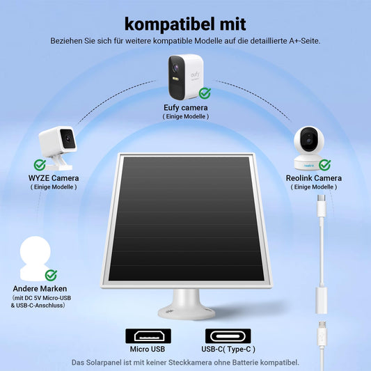 6W solar panel for outdoor installed surveillance cameras with Micro-USB and USB-C port, solar charger for battery cameras, compatible with Wyze/Reolink, fast charging.
