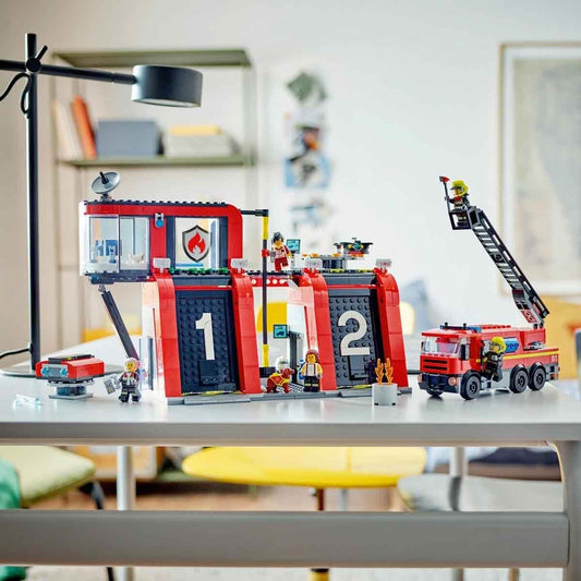 LEGO City Fire Station with Ladder Truck, fire brigade toy with fire station and fire truck, birthday gift for kids aged 6+, set includes dog and 5 minifigures 60414