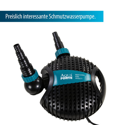 AquaForte O-13,000 pond pump, 130 watts, maximum flow rate of 13 m3 per hour, maximum head height of 5 meters, cable length of 10 meters, asynchronous motor, pumps debris up to 6 mm.