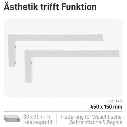 Natural Goods Berlin 2x Wall Console ANGLE | Washbasin Console stable | Easy wall mounting | Shelf bracket made of metal in white | Heavy-duty angle for sink & wall shelf | 450mm