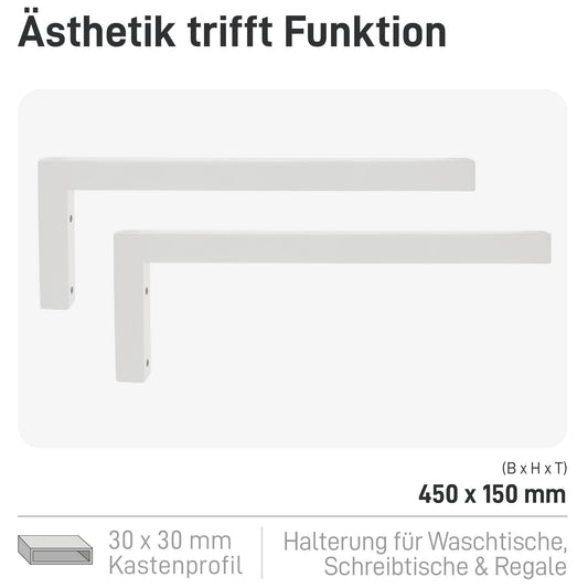 Natural Goods Berlin 2x Wall Console ANGLE | Washbasin Console stable | Easy wall mounting | Shelf bracket made of metal in white | Heavy-duty angle for sink & wall shelf | 450mm