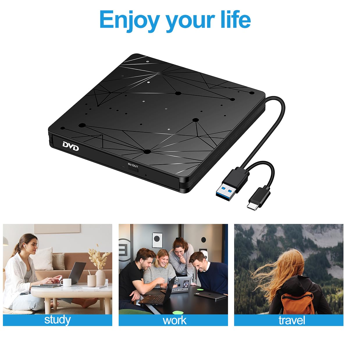 External USB 3.0 DVD Drive for Laptop PC Computer, Portable External DVD Drive CD-ROM Burner with low noise for Windows 11/10/7/8/XP Mac MacBook.