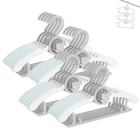 HGYZE baby clothes hangers non-slip 20 pieces, 29-37cm Extendable kids hangers with pants stand, plastic & stackable growing hangers great for onesies and children's clothing, Grey + White.