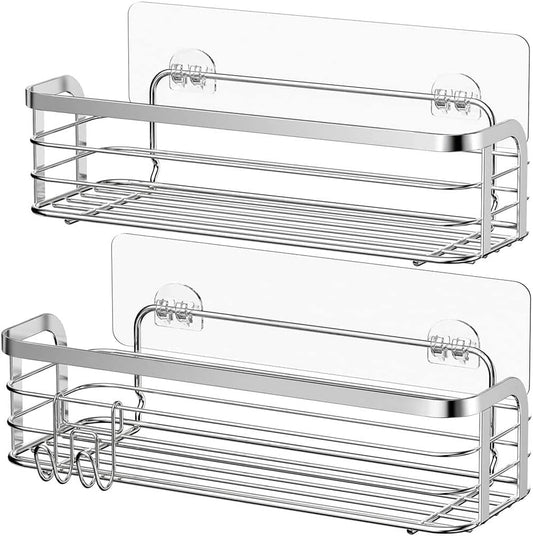 Avoalre Stainless Steel Shower Caddy without Drilling, Shower Basket with Strong Adhesive, 2 Pack Easy Shower Shelf with 1 Removable Suction Cup Hook.