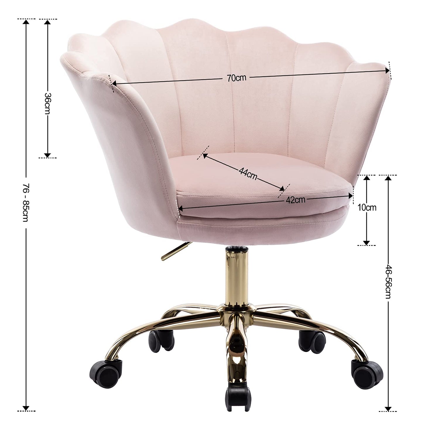 Wahson velvet swivel chair, height-adjustable, armless, with gold base, desk chair for bedroom/vanity, light pink, velvet.