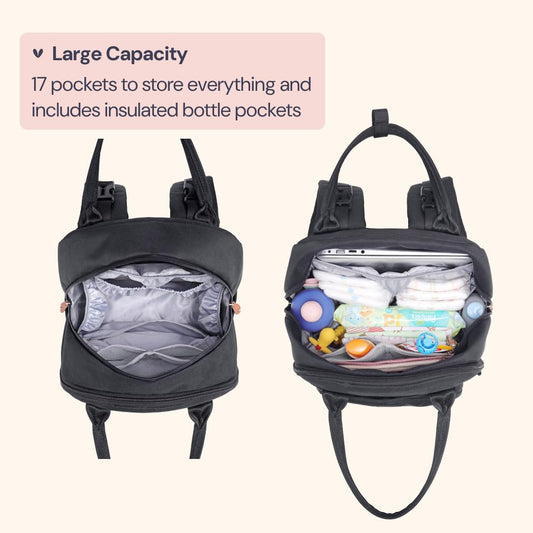 BabbleRoo Diaper Bag Backpack - Large Capacity, 17 Pockets, Water Resistant - with Changing Pad, Removable Pacifier Holder, Stroller Straps - Travel Backpack for Mom & Dad