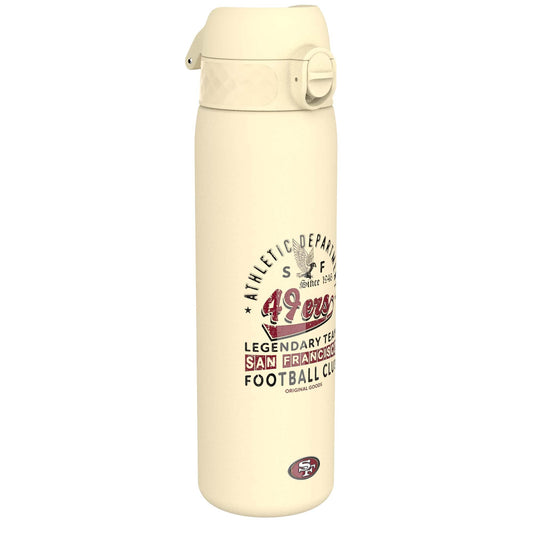 ion8 NFL E 49ers Lightweight Stainless Steel Water Bottle, 600ml/20oz, non-insulated, leakproof, easy to open, secure seal, dishwasher safe, flip lid, fits in cup holders.