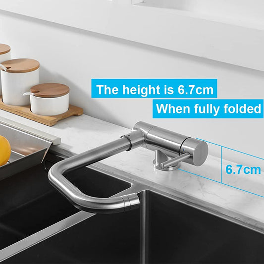 ONCE Foldable Kitchen Faucet with Sprayer, Under-Window Kitchen Tap with 67mm Fold Height, Under-Window Mount Faucet with 360° Swivel, Single Lever Mixer Tap for Kitchen, Matte