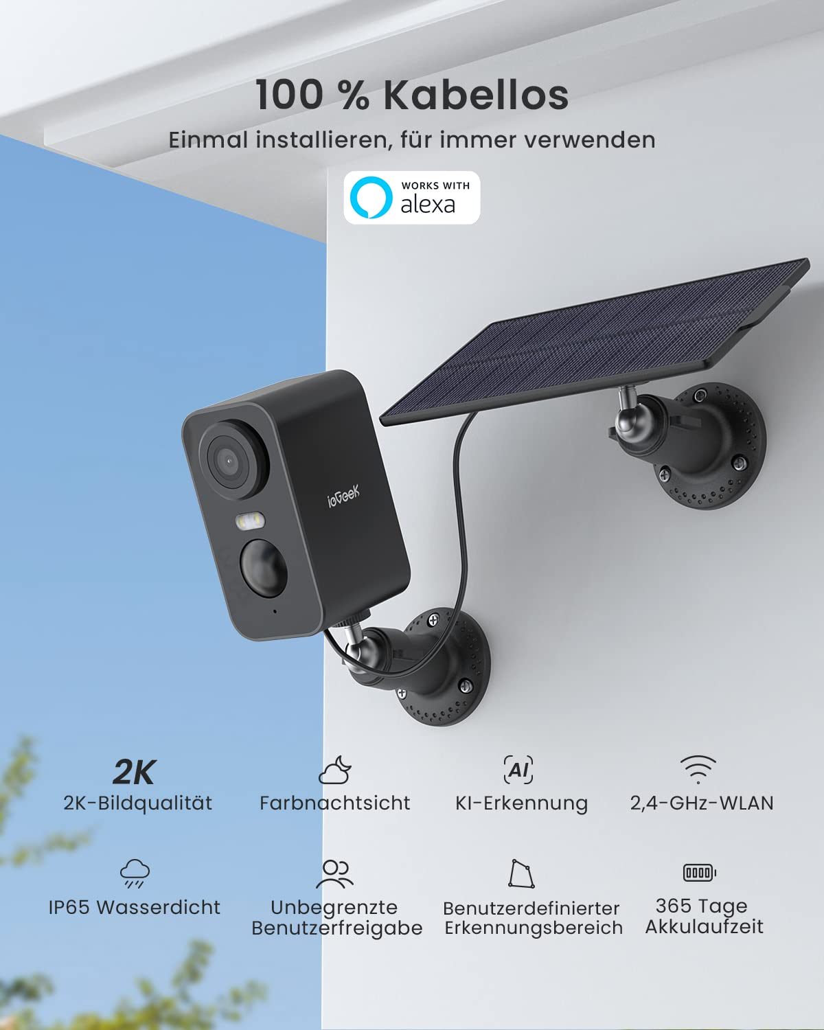 ieGeek 2K (Type-C) Outdoor Surveillance Camera with Battery, Wireless with Solar Panels, 5200mAh Battery Outdoor Surveillance Camera, WIFI, PIR Motion Detection, 2-Way Audio, Alexa Camera, Black, 2Pcs, IP65
