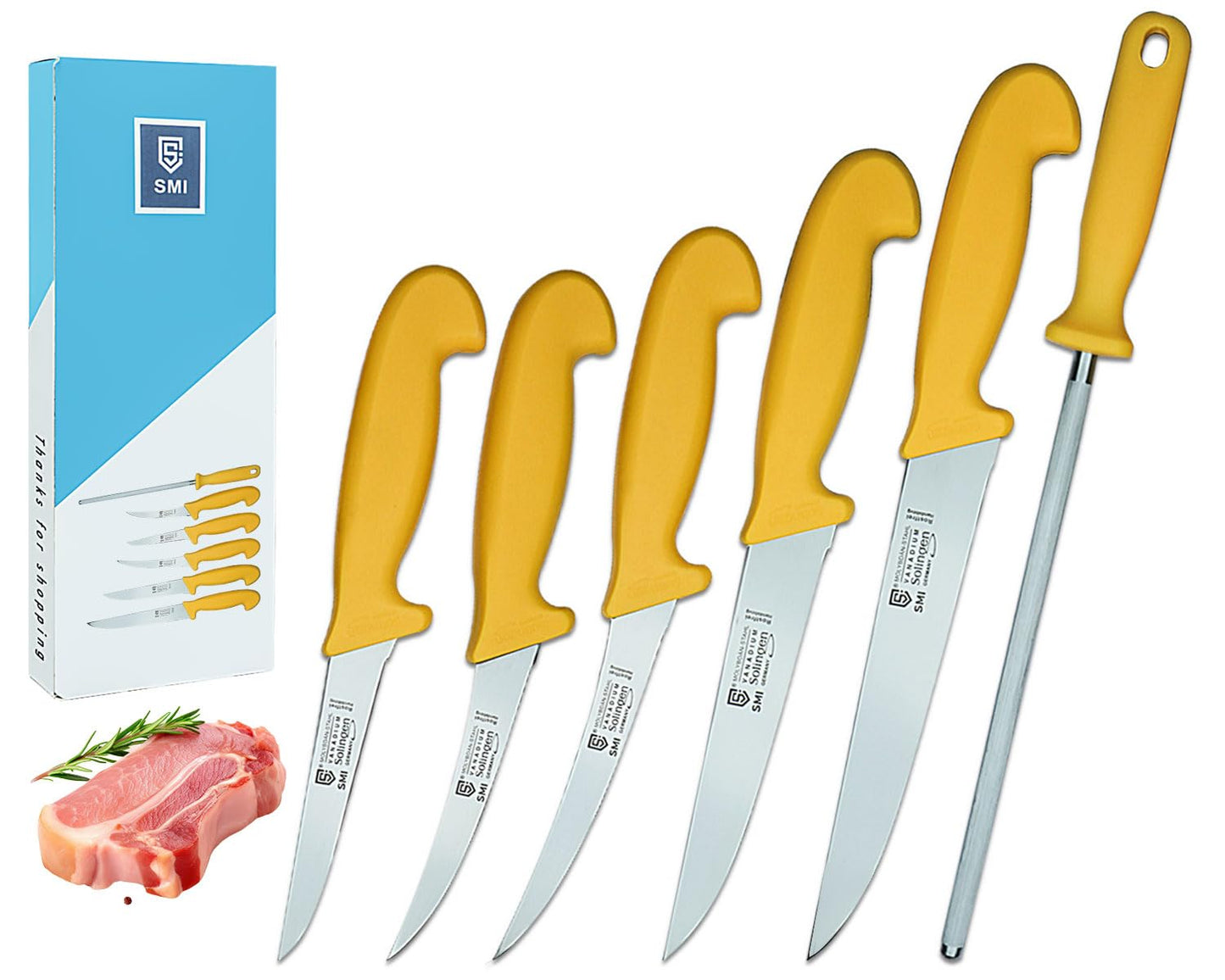 SMI 6-piece kitchen knife set Solingen butcher knife chef's knife boning knife slaughtering knife premium quality German molybdenum steel 1.4116 Solingen / GERMANY
